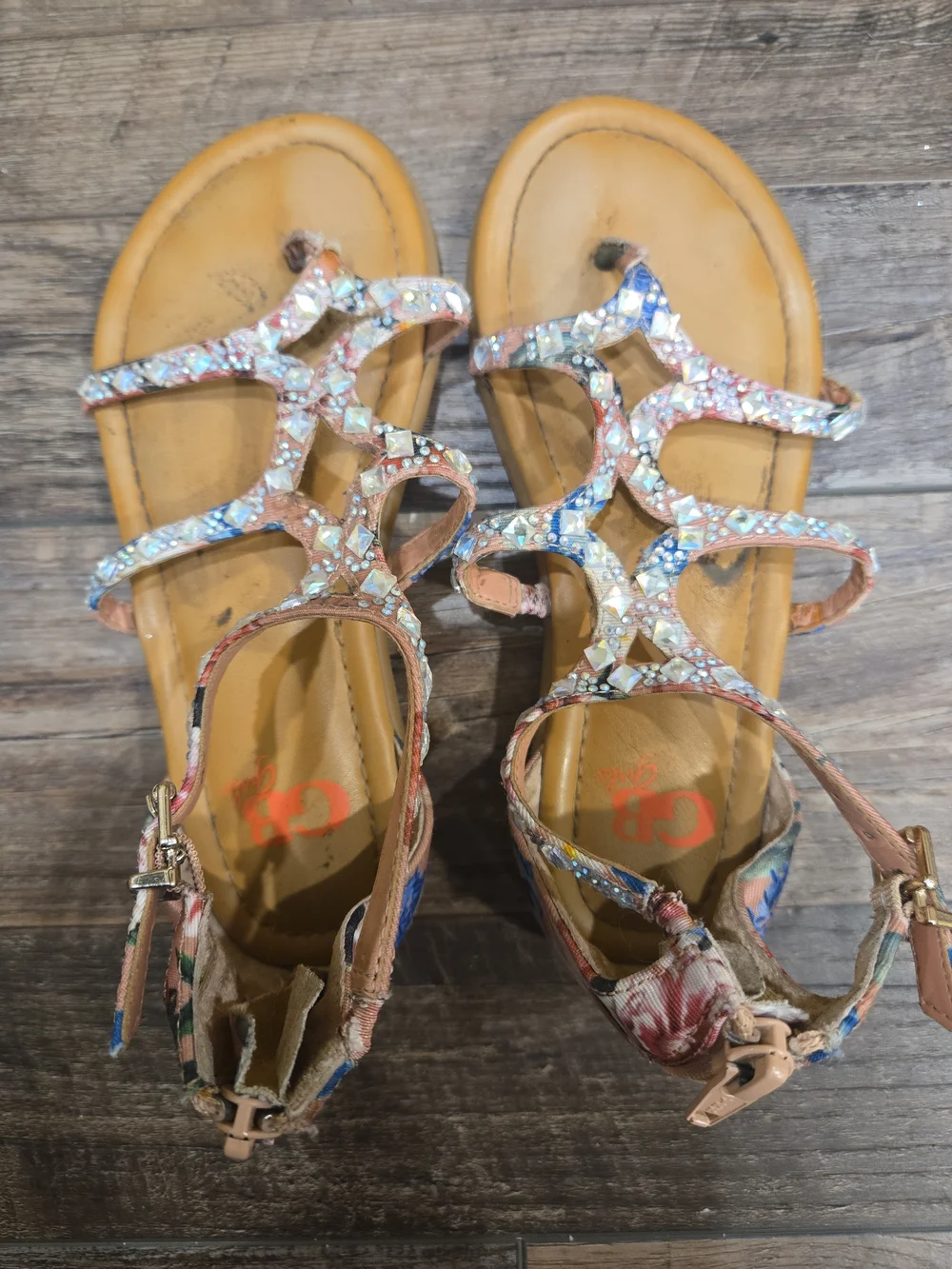GB Girls Crystal-Embellished Multicolor T-Strap Sandals Size 13